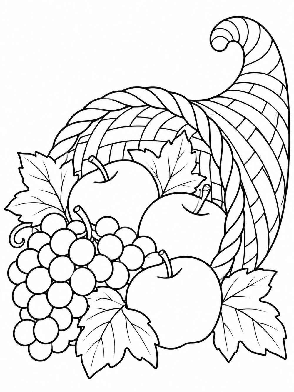 Black and white cornucopia coloring page with apples, grapes, and leaves