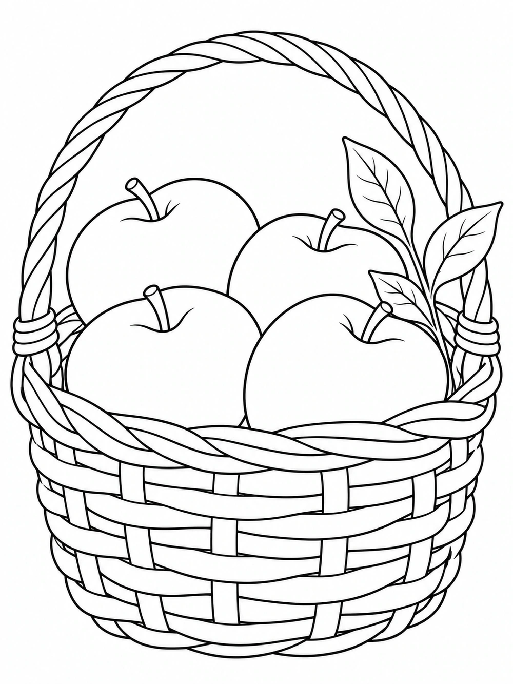 Black-and-white coloring page showing four apples and a leafy sprig in a handled wicker basket.