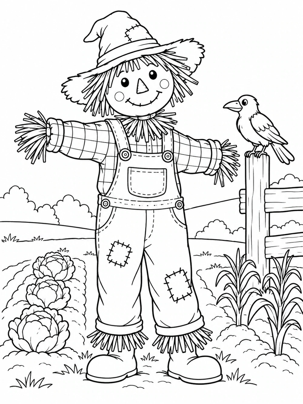Cheerful scarecrow in a field coloring page with a crow perched on a fence post, crops, and a floppy hat.
