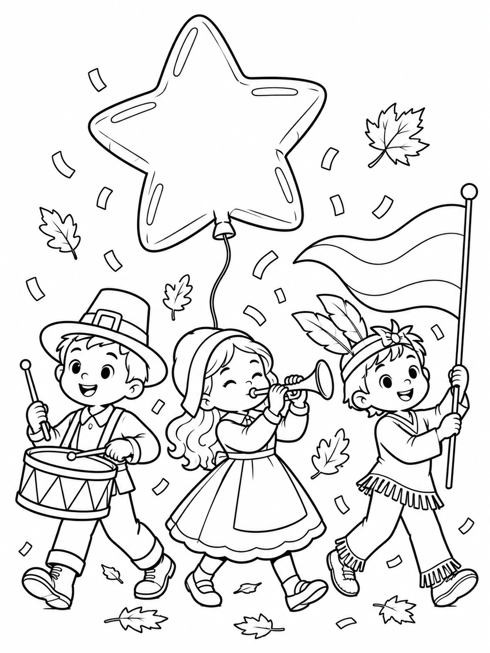 Thanksgiving coloring page showing three child musicians with a drum, trumpet, and flag beneath a large star-shaped balloon.