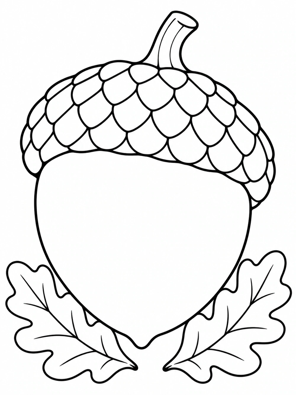 Oversized acorn with a textured cap and two oak leaves as a black-and-white coloring page.