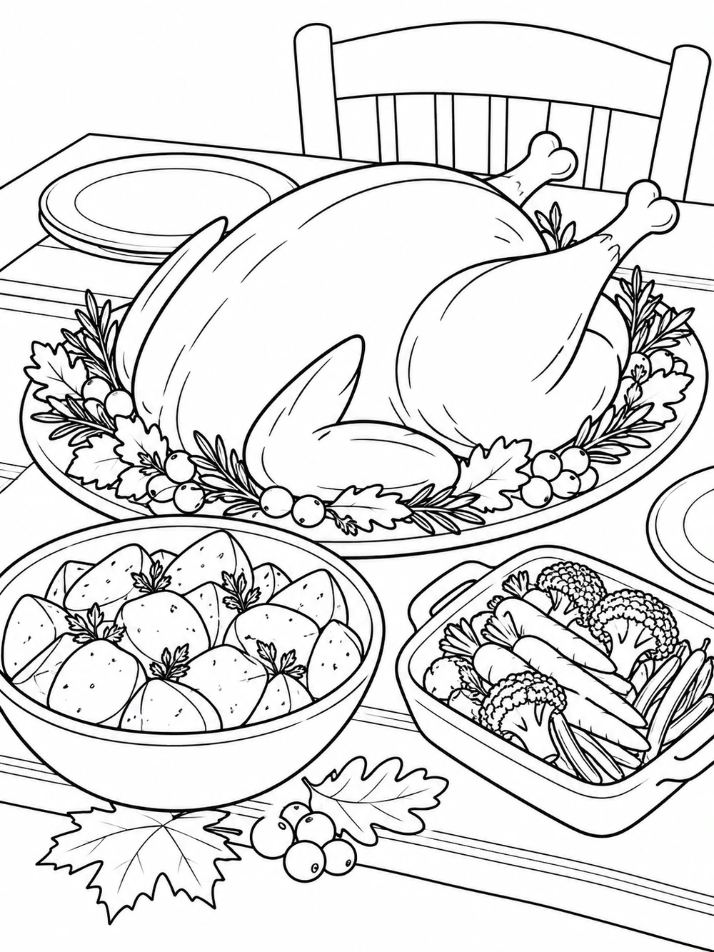 Black-line coloring page of a roast turkey on a platter with potatoes and vegetables on a dining table.