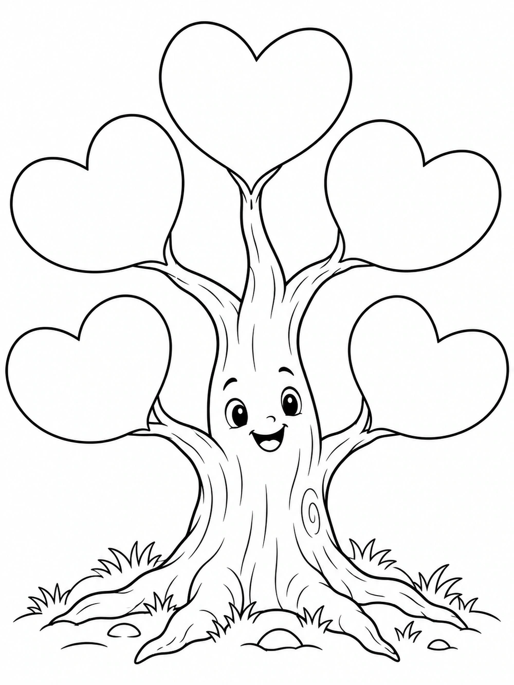 Smiling tree with five blank heart-shaped leaves, roots, and a small patch of ground in a coloring page.