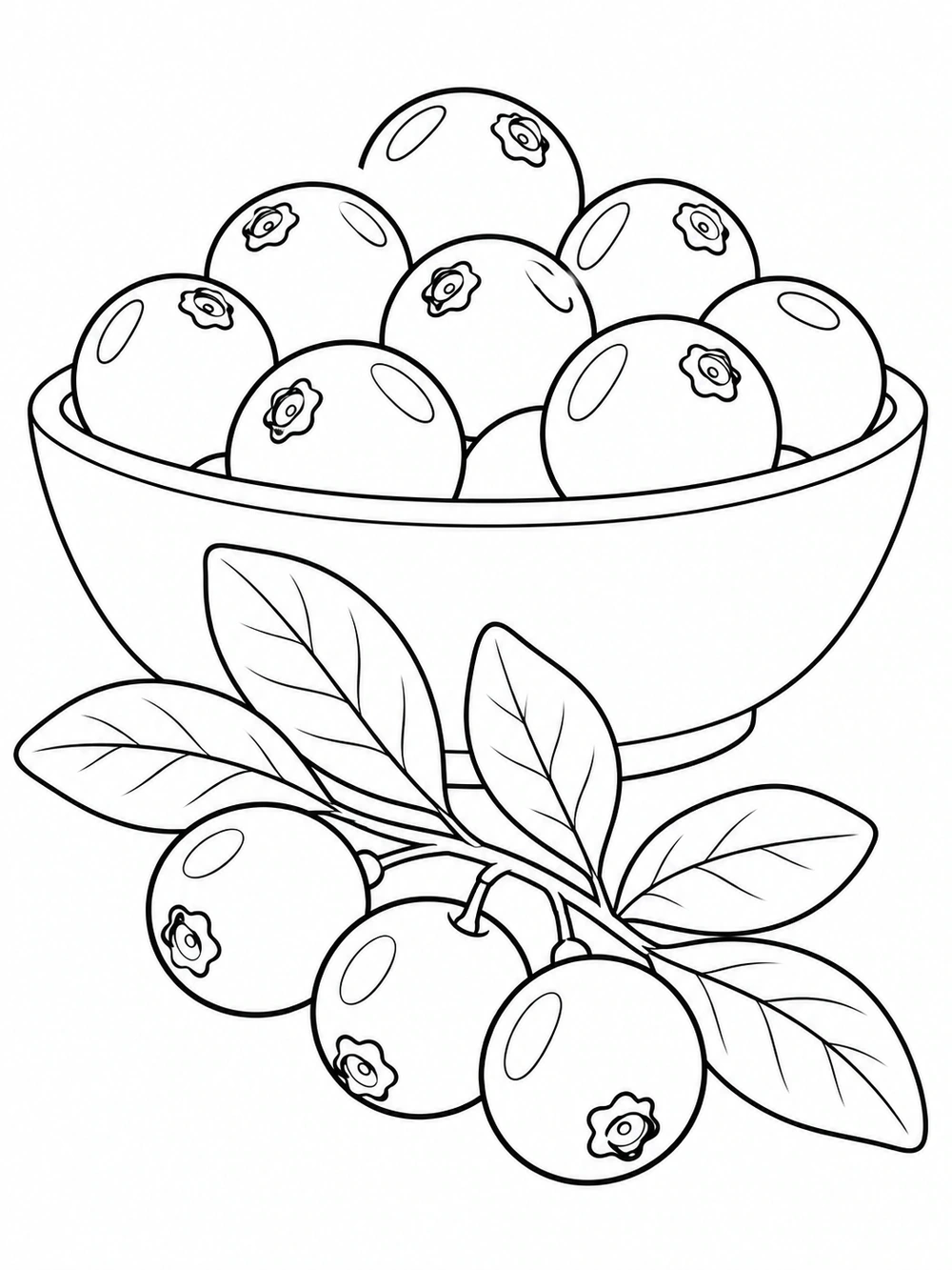Printable coloring page showing a bowl of cranberries beside a leafy cranberry sprig