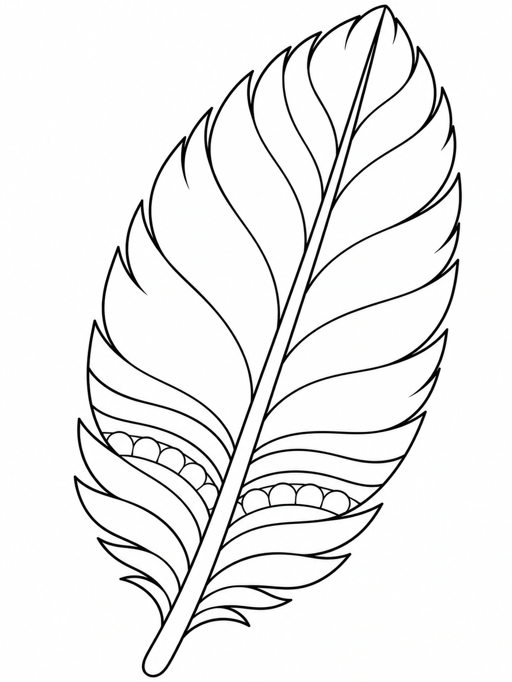 A single large turkey feather with a gently curved shaft, spacious barbs, and nested base patterns, drawn in black outlines on white.