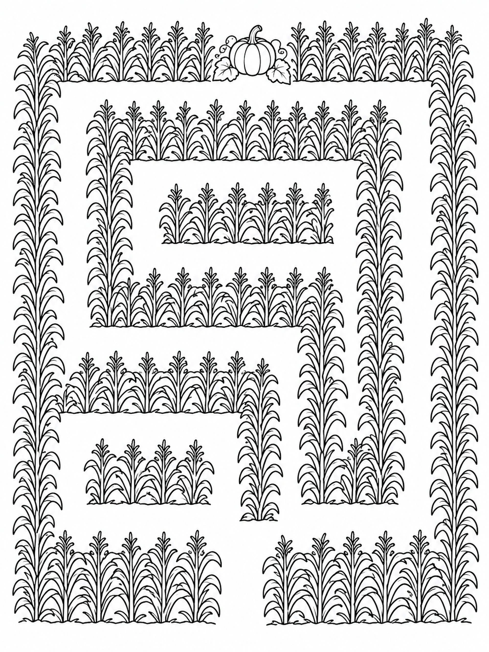 Black-and-white corn maze coloring page with tall rows of corn and a pumpkin at the top.