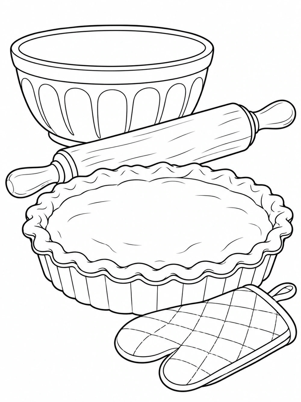 Black outline coloring page showing a mixing bowl, rolling pin, fluted pie crust, and oven mitt.