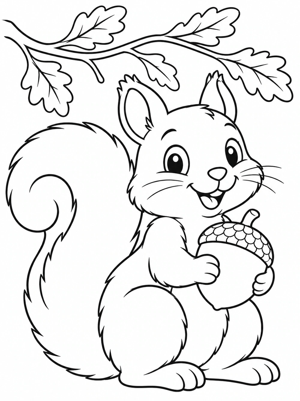 Squirrel holding an acorn beneath a leafy branch coloring page