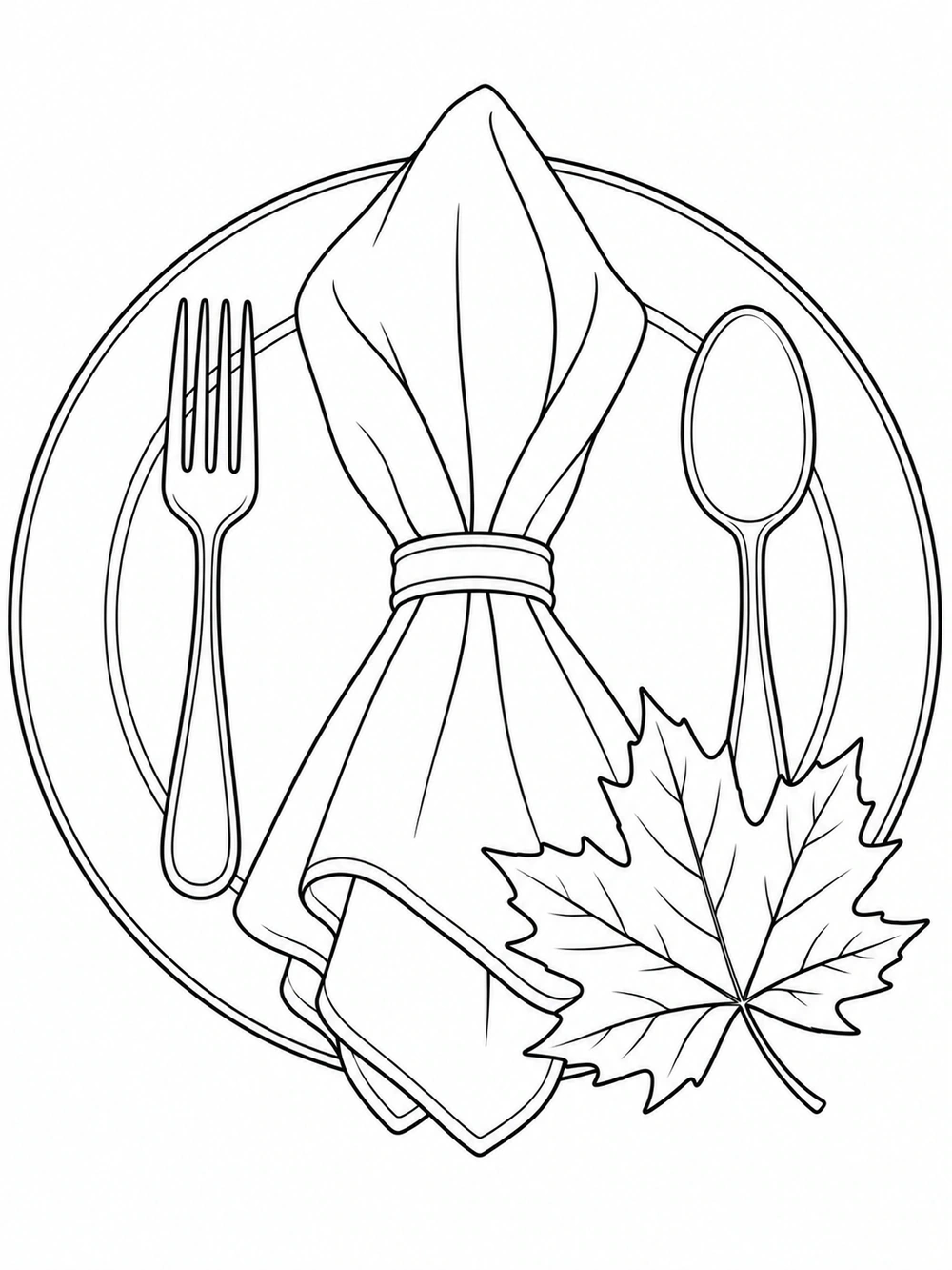 Black-and-white Thanksgiving place setting coloring page with a large round plate, folded cloth napkin, fork, spoon, and maple leaf.