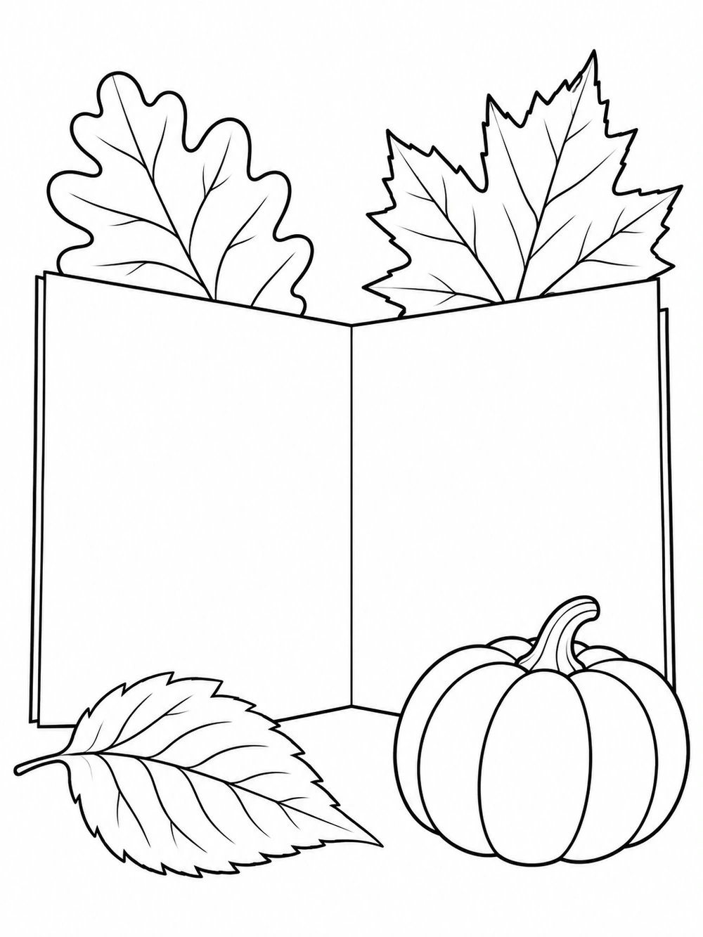 Blank open greeting card surrounded by three leaves and a pumpkin, outlined as a coloring page.