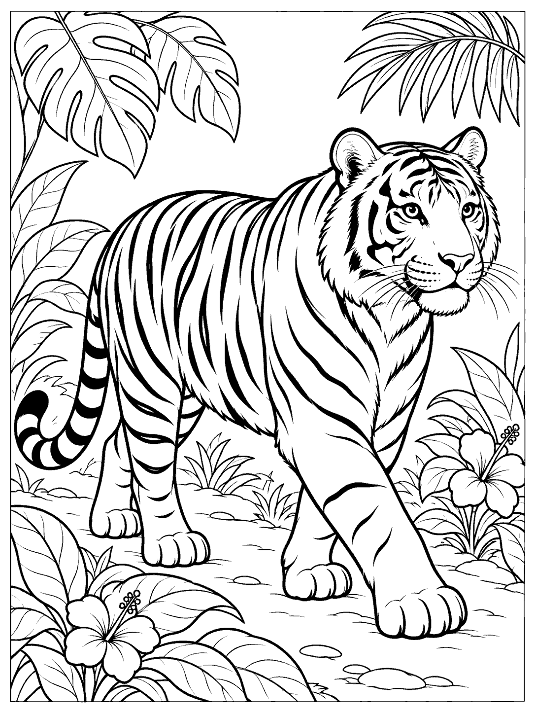 Black-and-white coloring page of a striped tiger walking along a leafy jungle path with flowers.