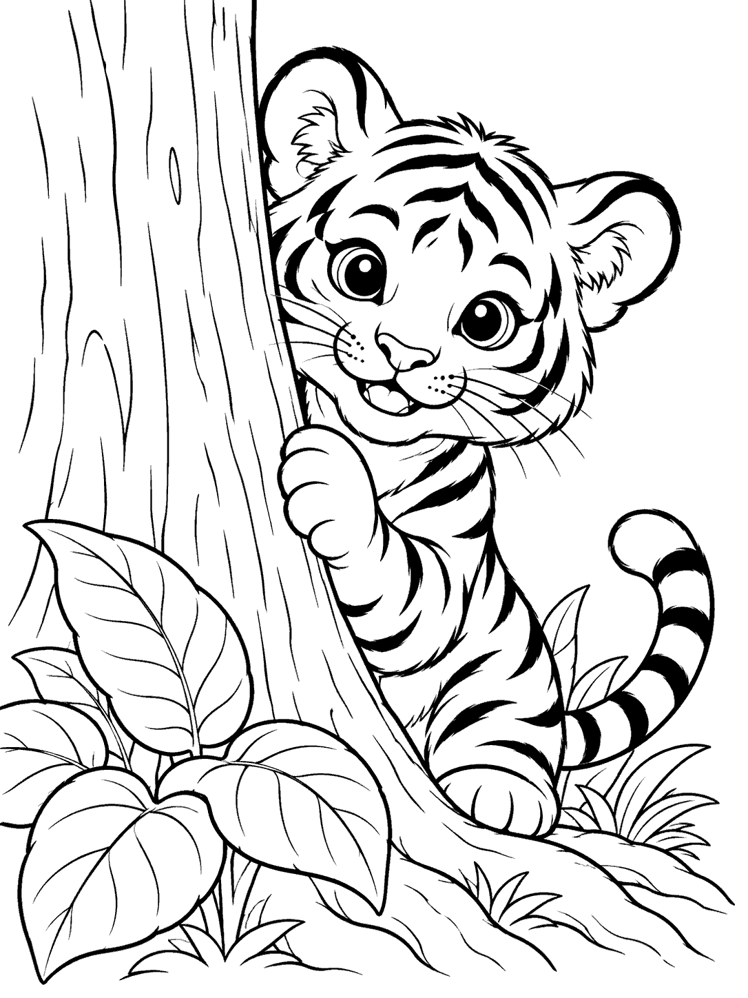 Curious tiger cub peeking from behind a tree, surrounded by oversized leaves and roots