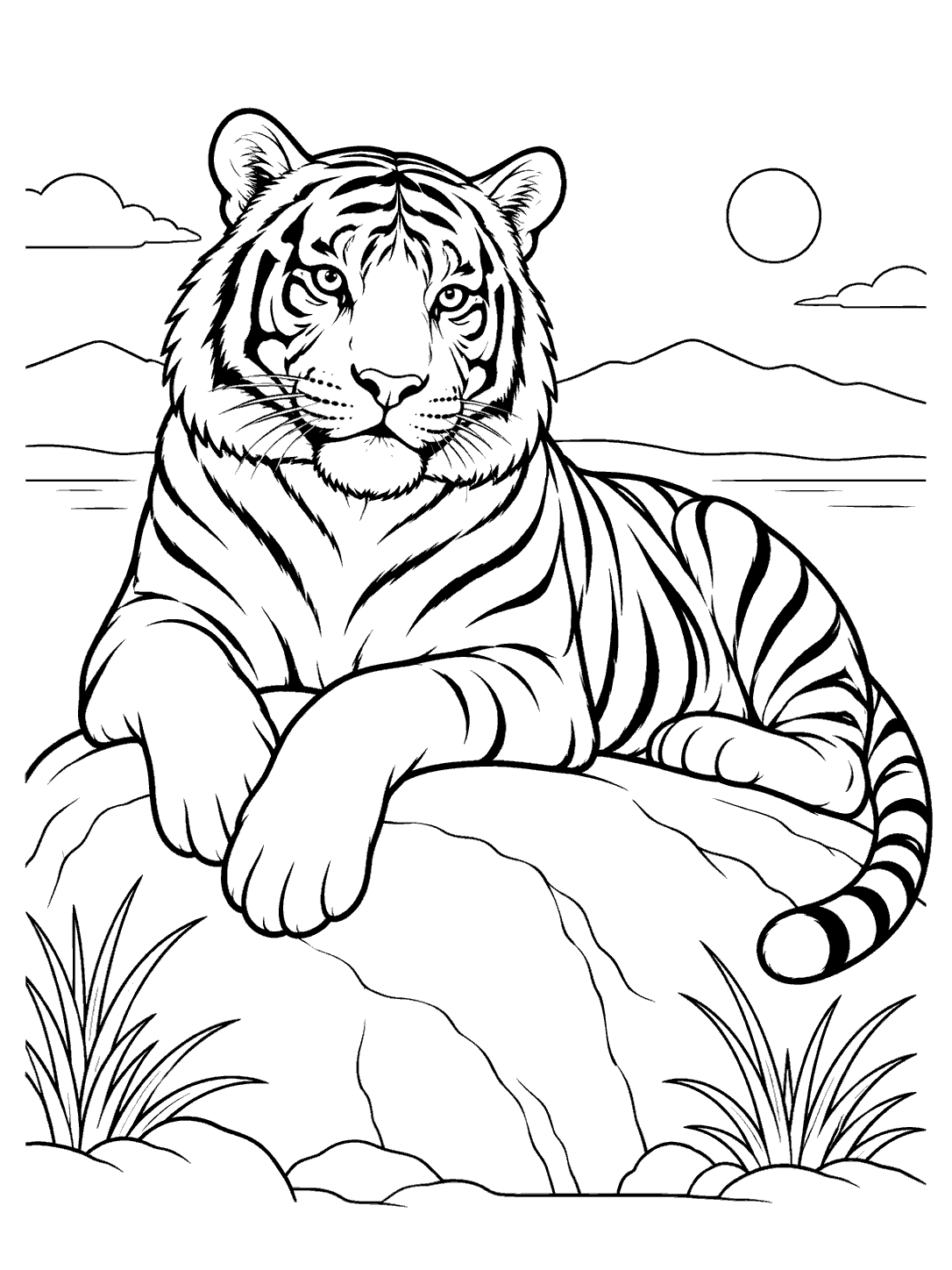 A reclining tiger with bold stripes rests on a large boulder beneath a small sun, with grasses and a simple horizon.