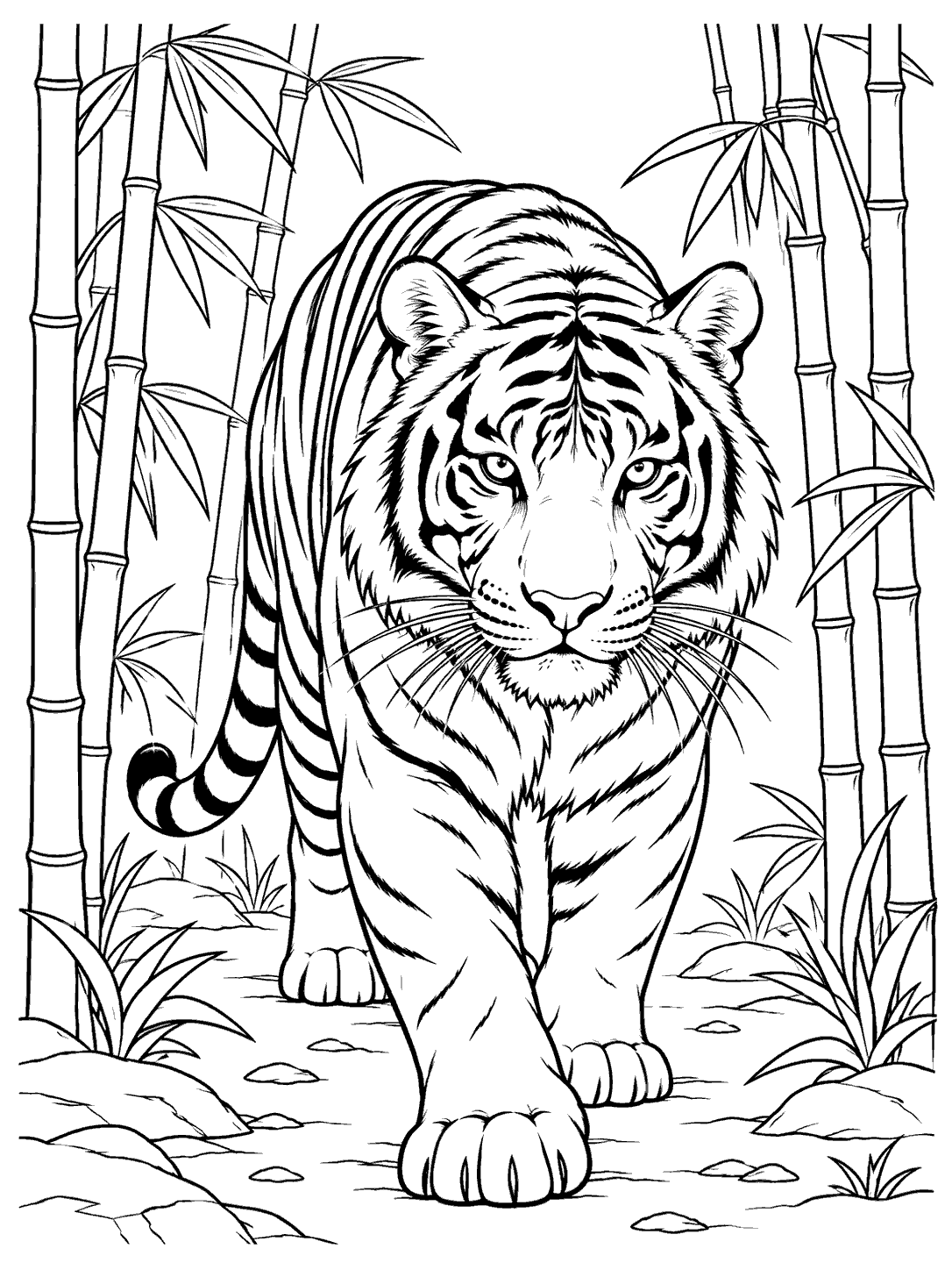 A full-body tiger walks toward the viewer through a bamboo grove.