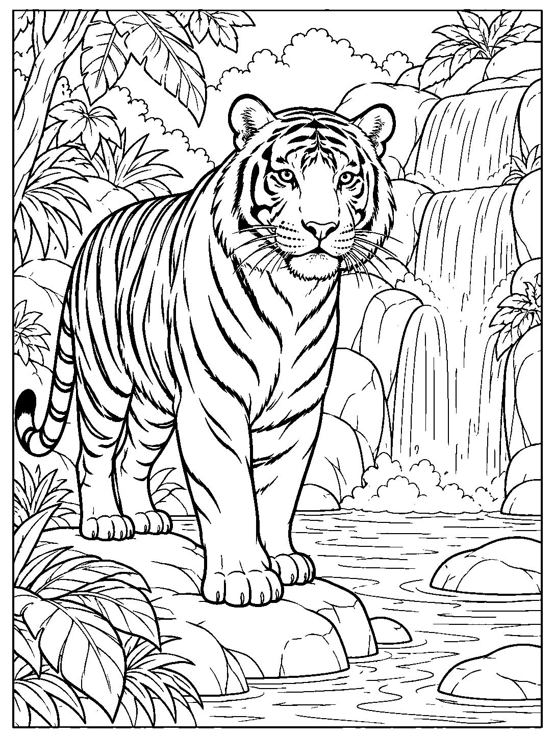 Black-and-white line art of a tiger standing among rocks beside a jungle waterfall and shallow pool, framed by leaves.
