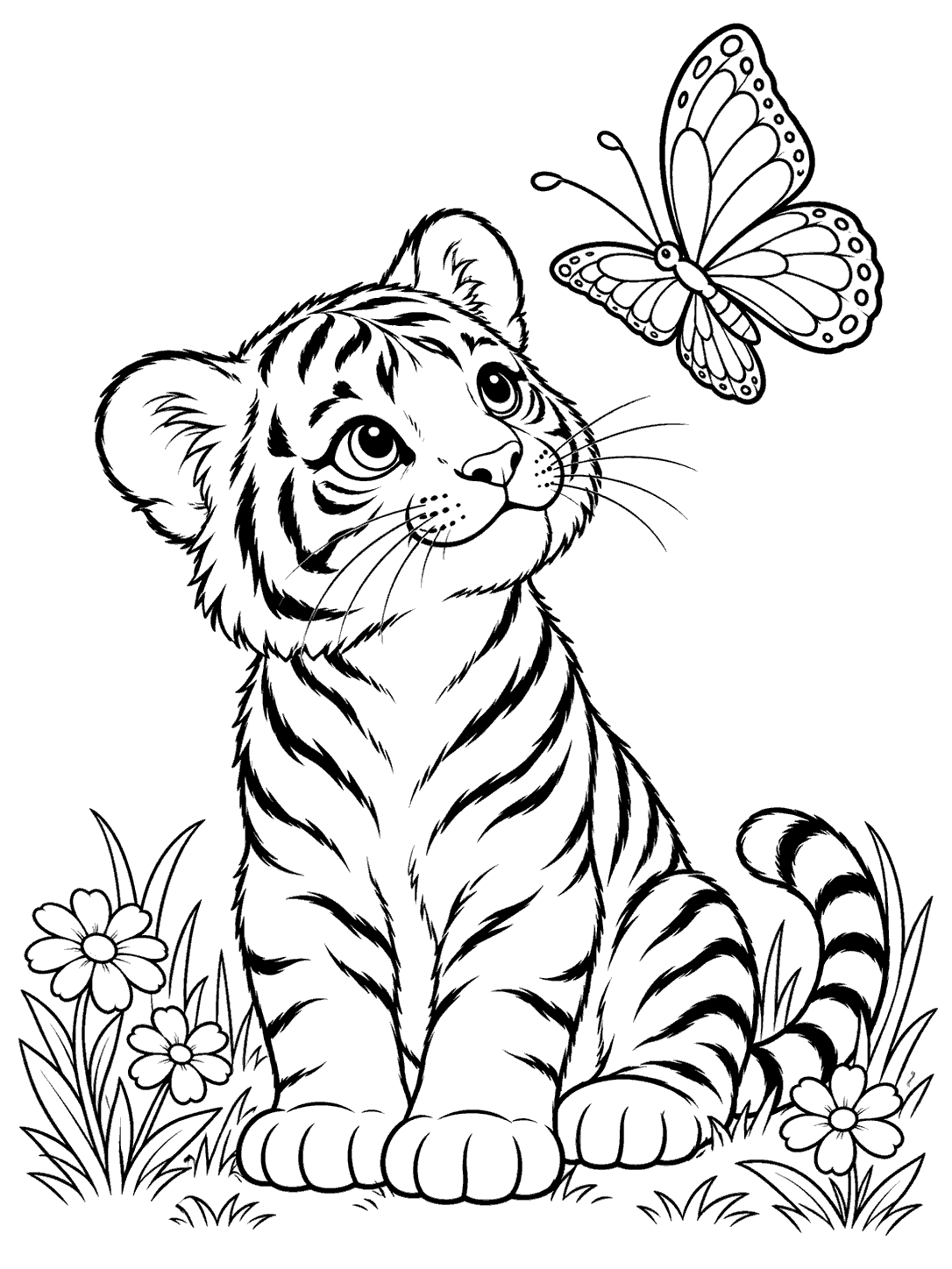 Tiger cub watching a butterfly