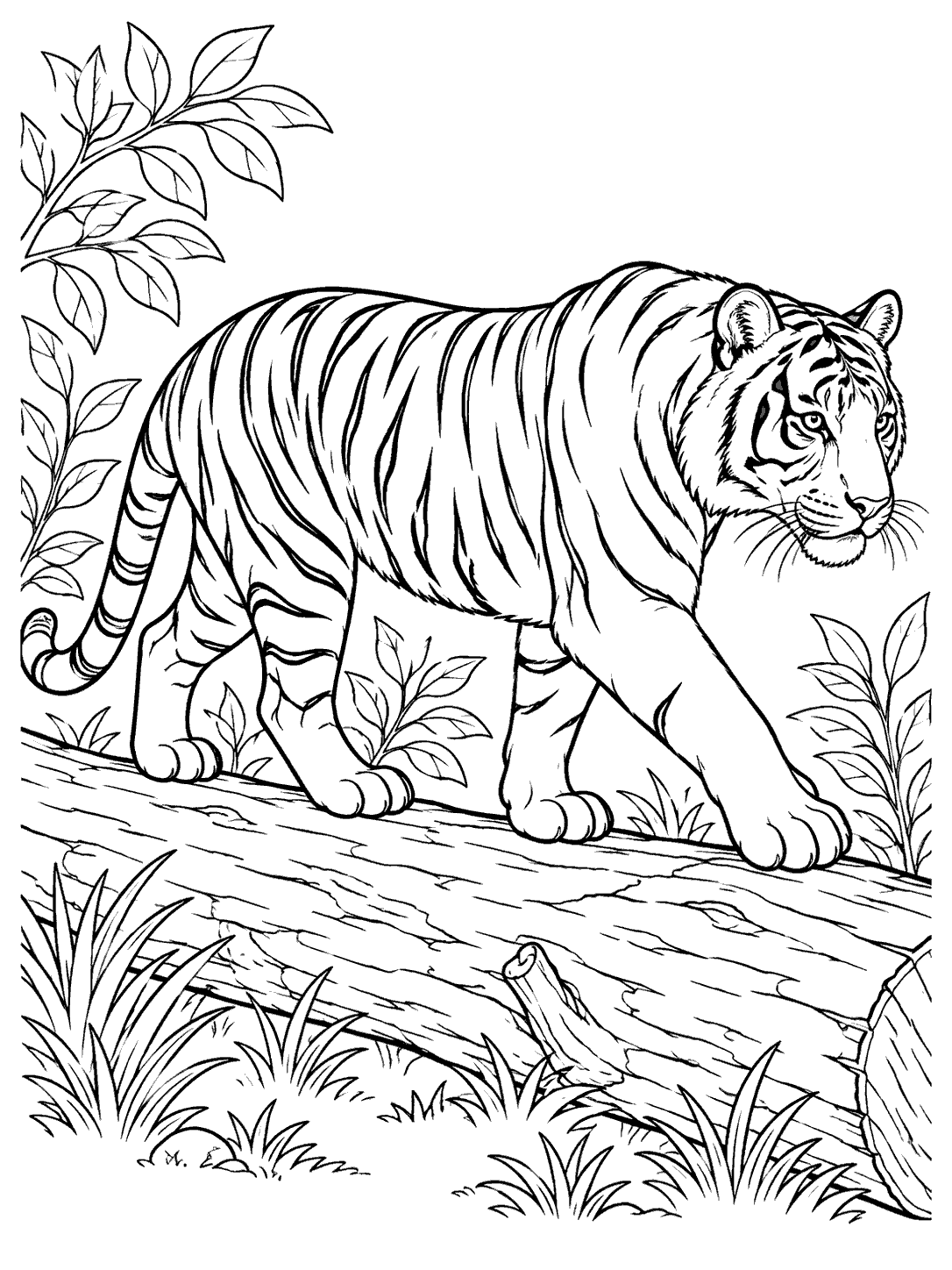 Black-outline tiger stepping across a fallen log with leafy plants and grass