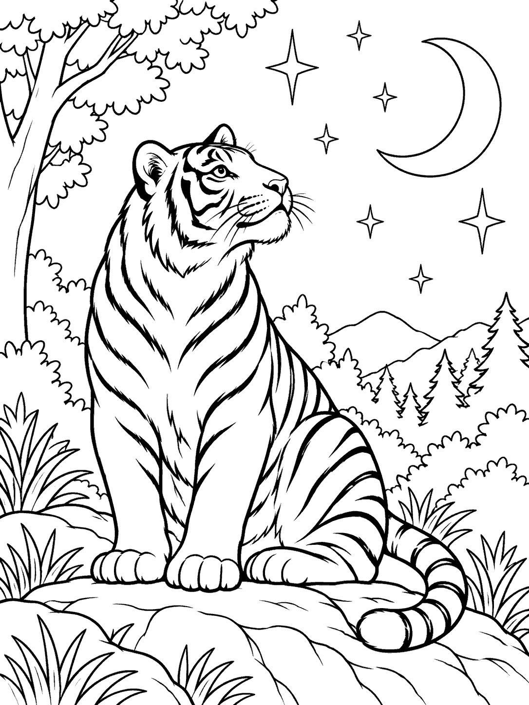Seated tiger looking up at a crescent moon and stars, surrounded by trees and a mountain clearing.