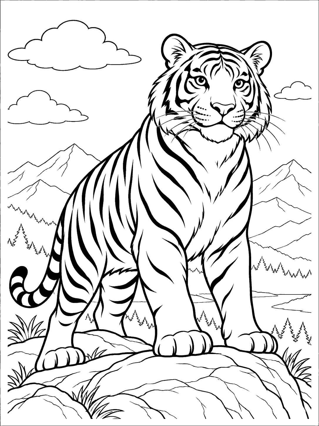 Black-and-white coloring page of a striped tiger standing on a rocky ridge with mountains and clouds in the background.
