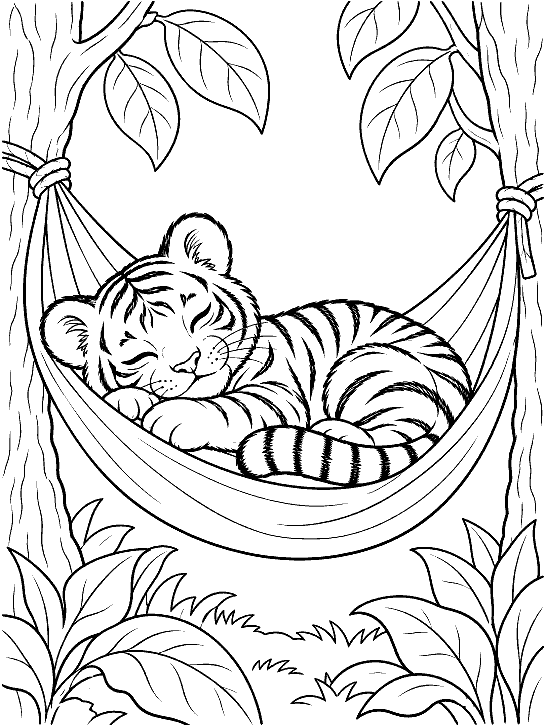 Black-and-white coloring page of a striped tiger cub sleeping curled in a hammock between two tree trunks, surrounded by large leaves.