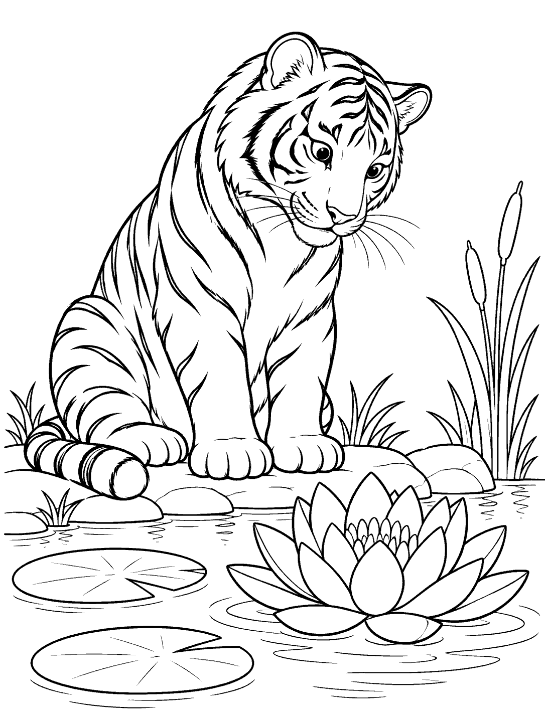 Black-outline coloring page showing a seated tiger beside a pond, looking toward a large water lily, with two lily pads and reeds.