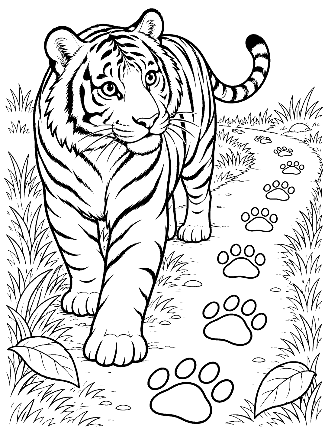 A curious tiger walking along a grassy path beside a curved trail of large paw prints and two leaves.