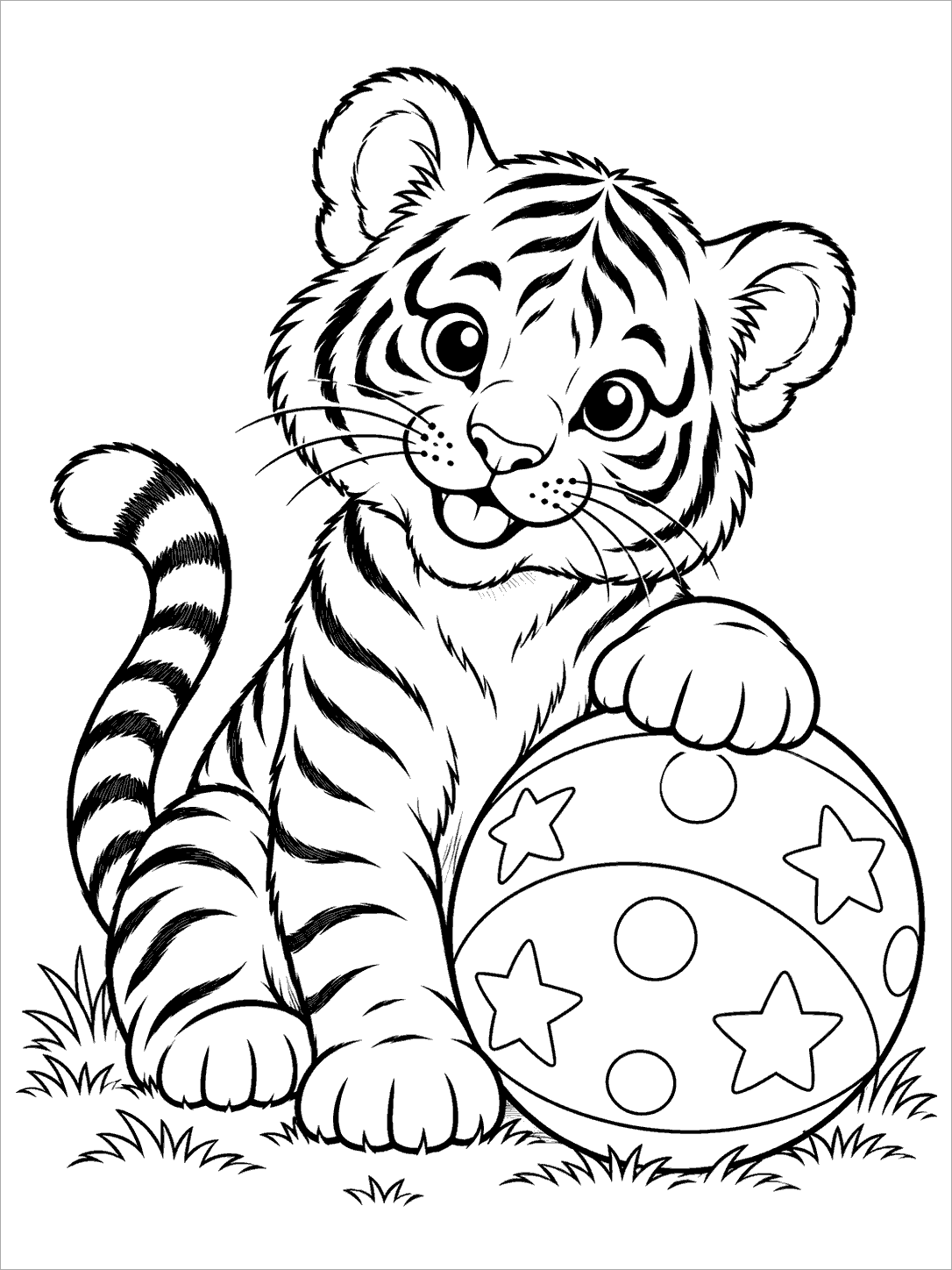 Playful tiger cub with a large patterned ball