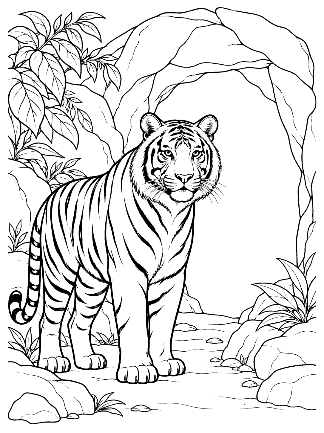 Full-body striped tiger standing beside a broad, white cave opening framed by rocks and leaves.