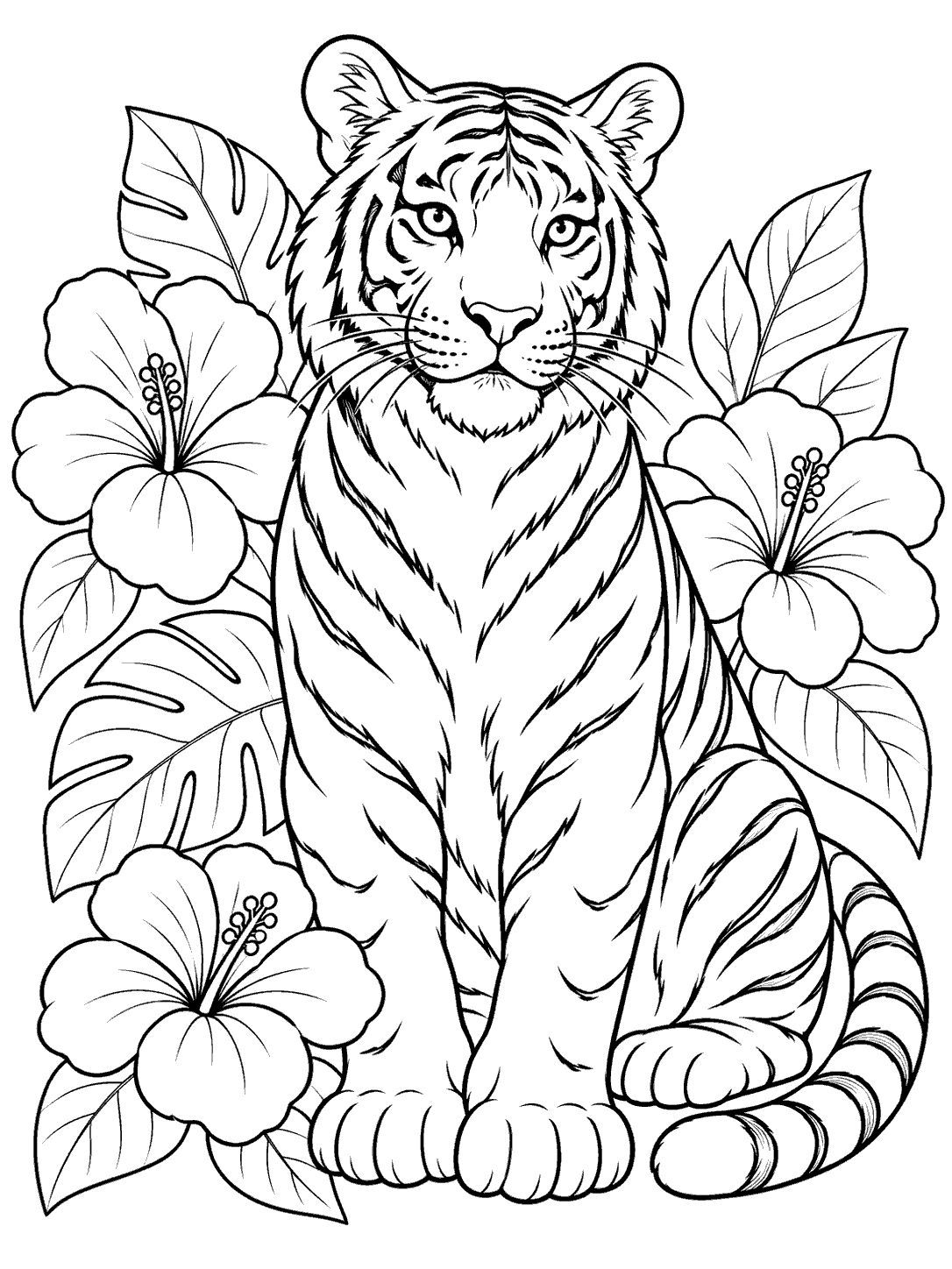 Black-outline coloring page of a seated tiger surrounded by three tropical flowers and broad leaves.