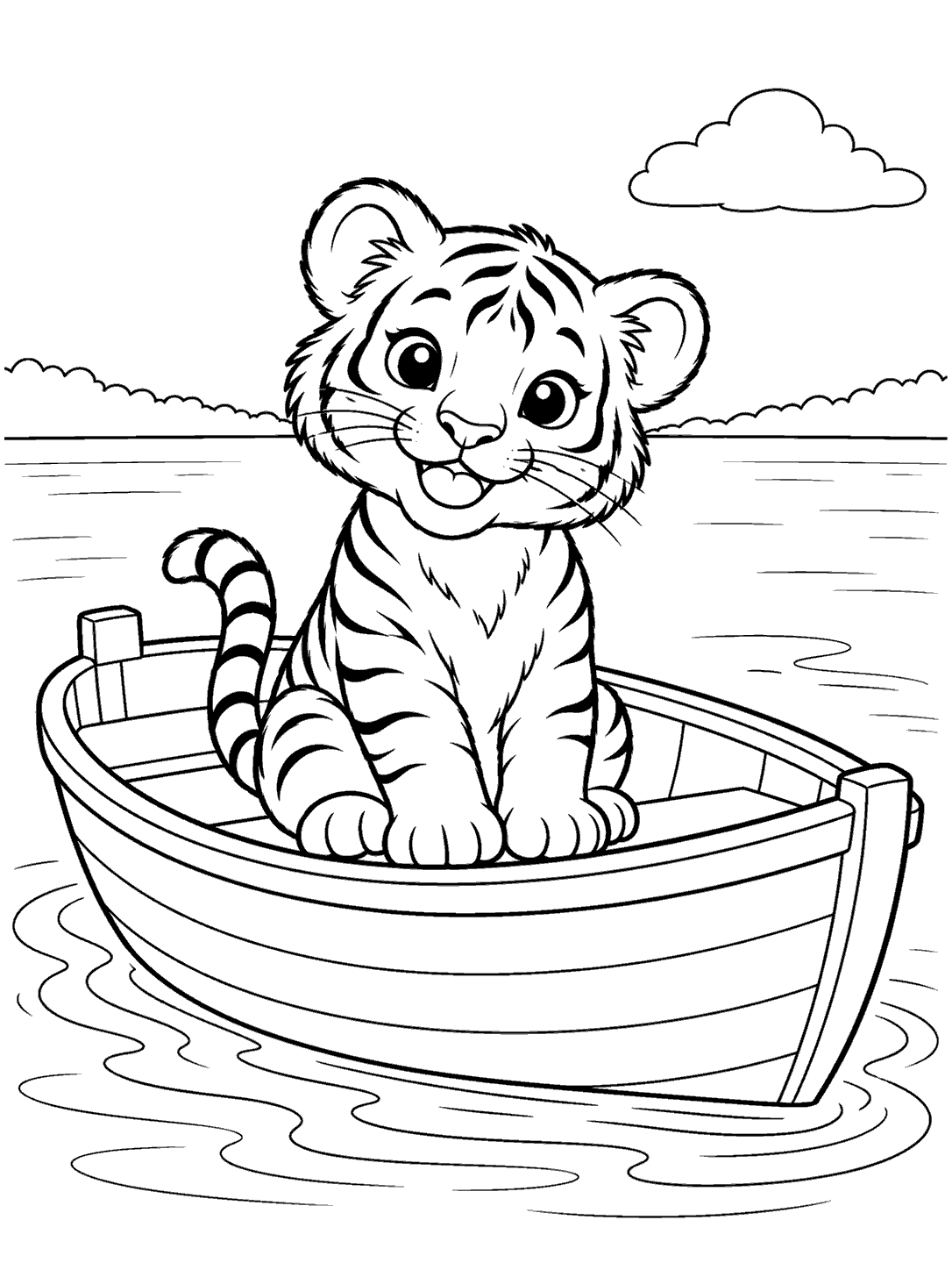 Tiger cub in a small boat on calm water beneath a distant cloud