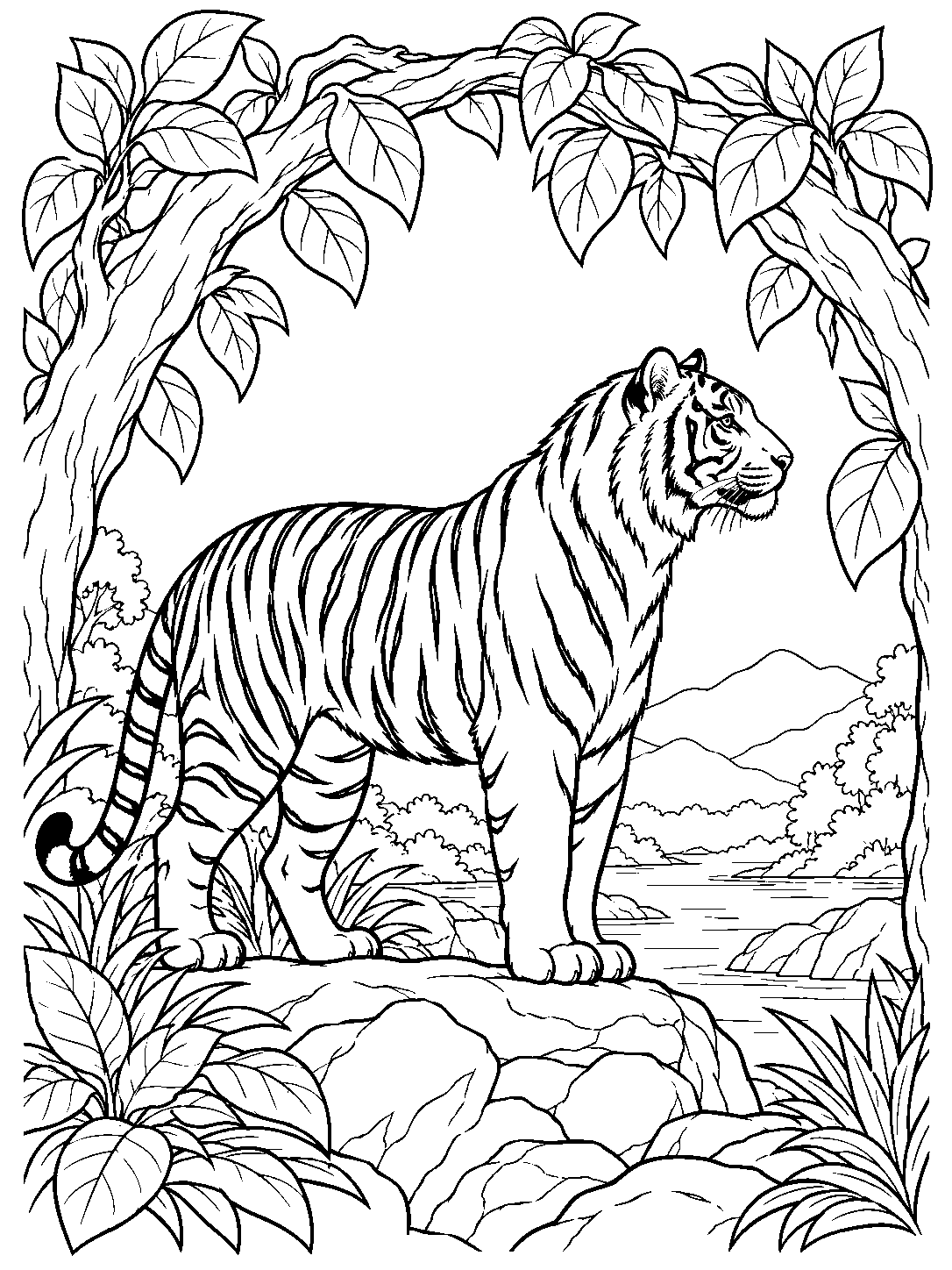 Black-and-white line art of a tiger standing in profile beneath a leafy arch, with rocks and a river behind it.