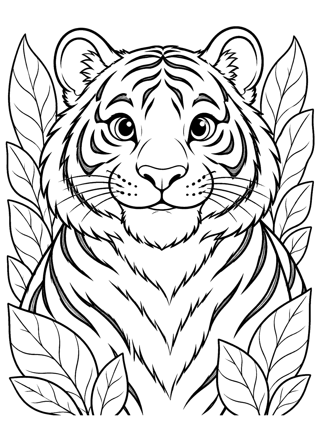 Front-facing friendly tiger portrait with bold stripes and large leaves