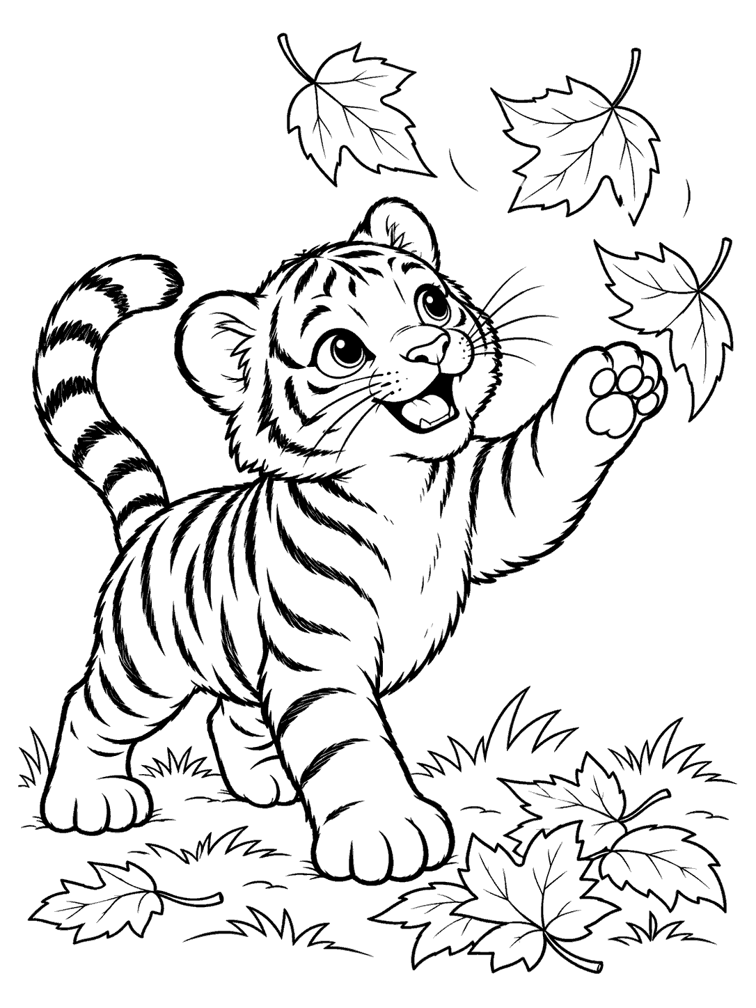 Black-outline tiger cub reaching for three falling leaves, with a small cluster of leaves on the ground.