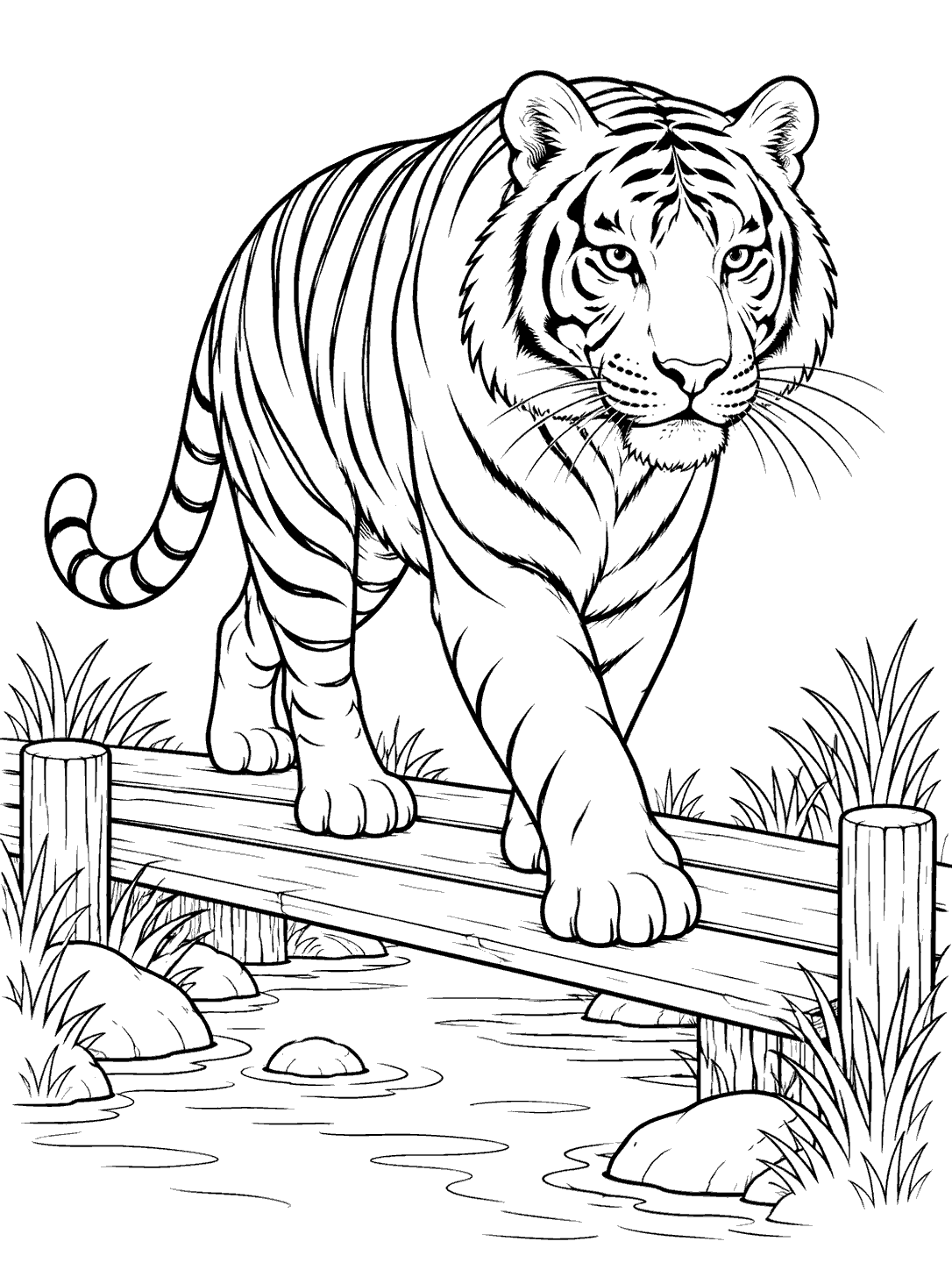 Tiger walking over a wooden bridge above a stream