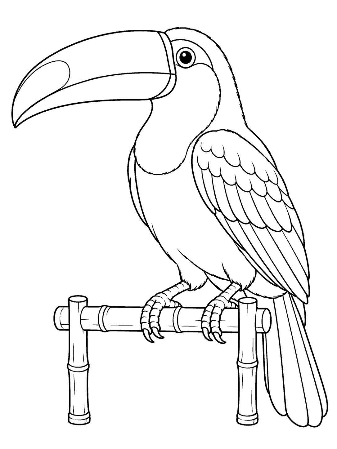 Complete toucan with a curved bill, feathered wing, long tail, and gripping feet perched on a bamboo stand coloring page.