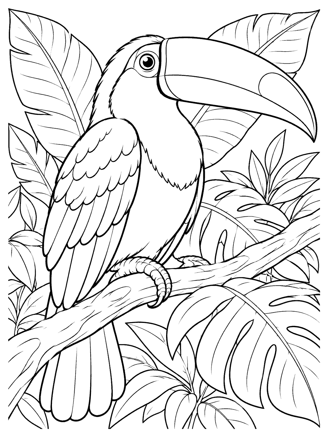 Toucan perched among large rainforest leaves coloring page