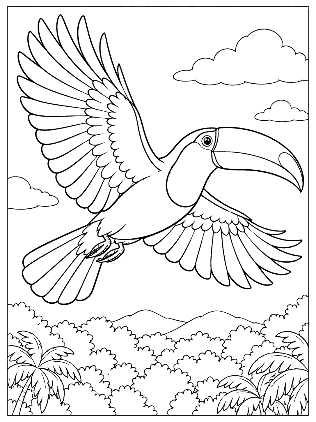 Black line art of a large-billed toucan flying above tropical treetops, with clouds and a white border.