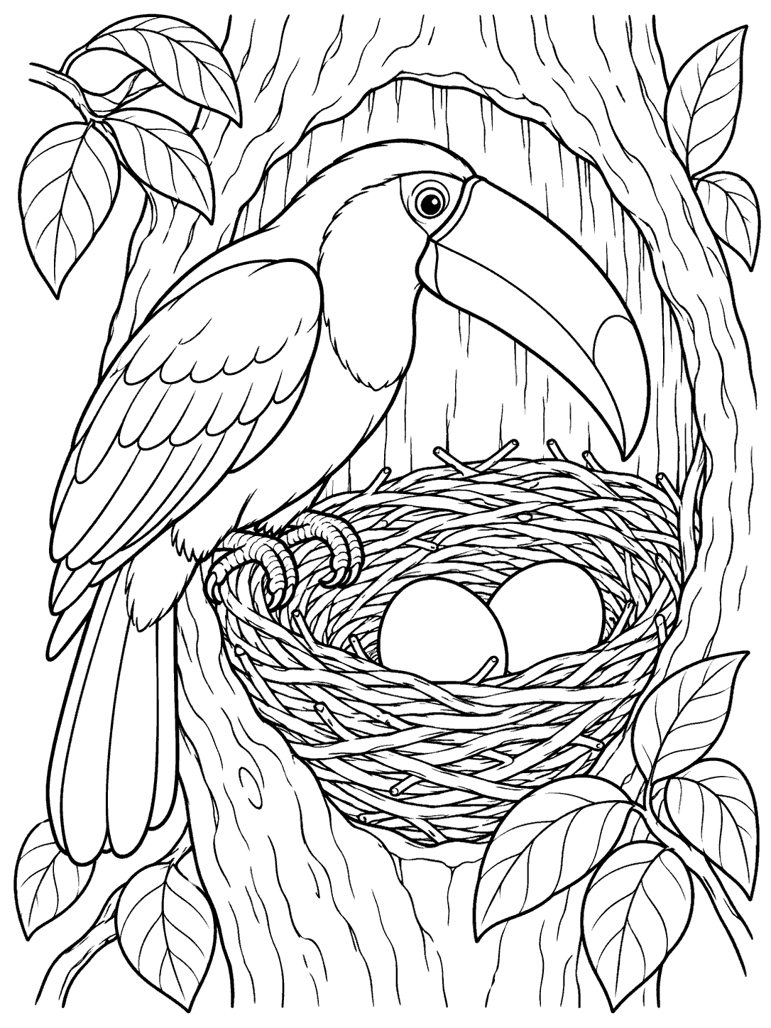 Black-and-white toucan perched beside two eggs in a woven nest coloring page
