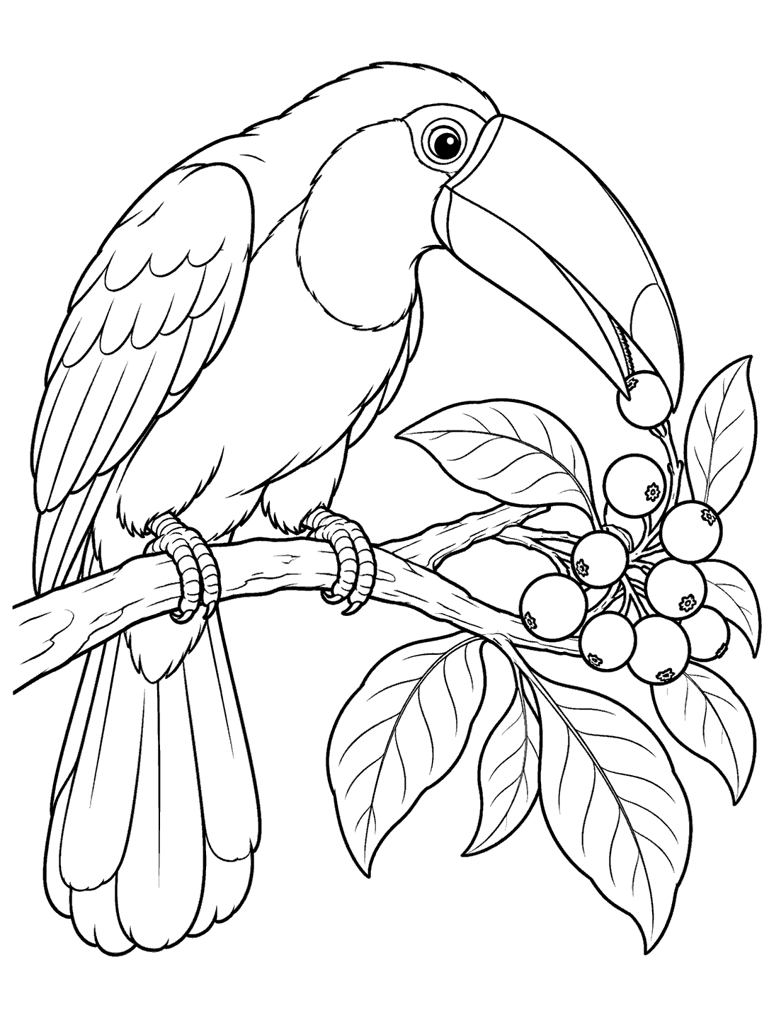 Black line art of a toucan plucking a berry from a leafy fruiting branch.