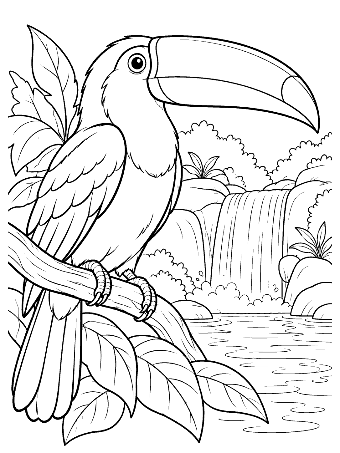 Black and white toucan coloring page showing a large-billed toucan perched among broad leaves beside a waterfall and pool.