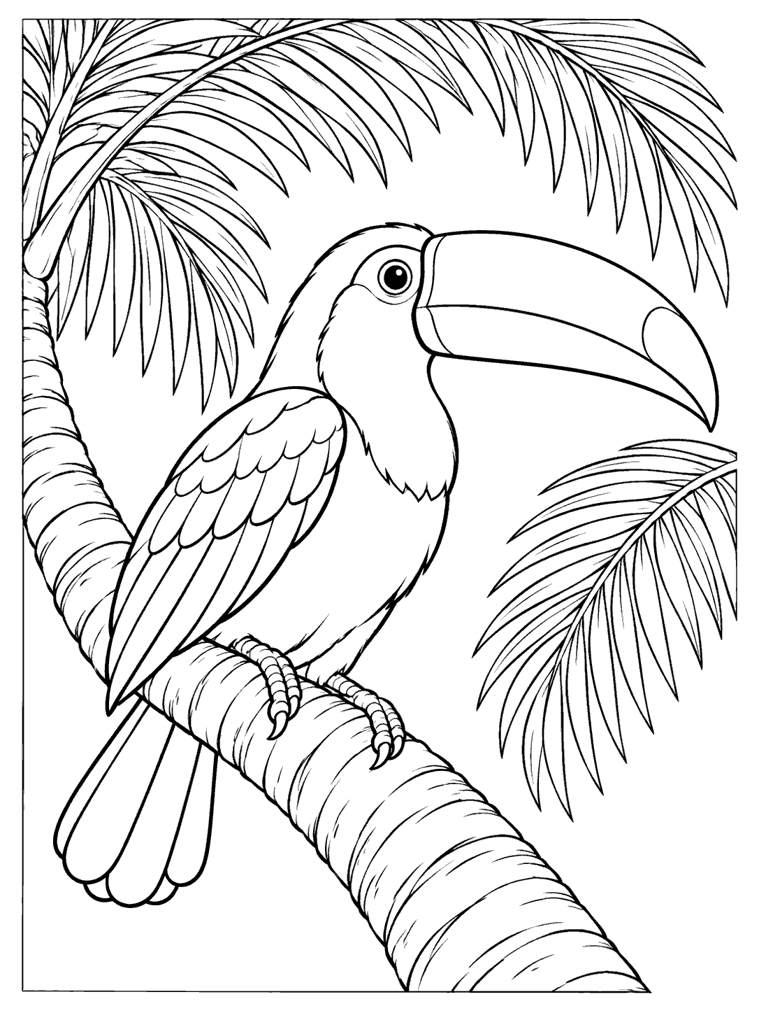 Black-and-white toucan coloring page with a large hooked bill perched on a curved palm trunk beneath arching fronds