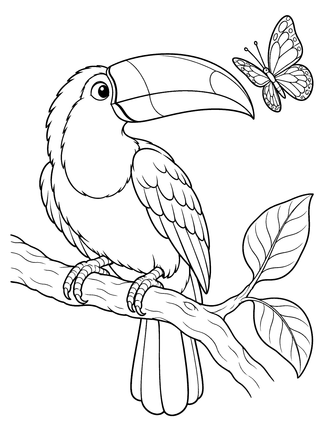 Black-and-white toucan perched on a leafy branch, observing a butterfly coloring page