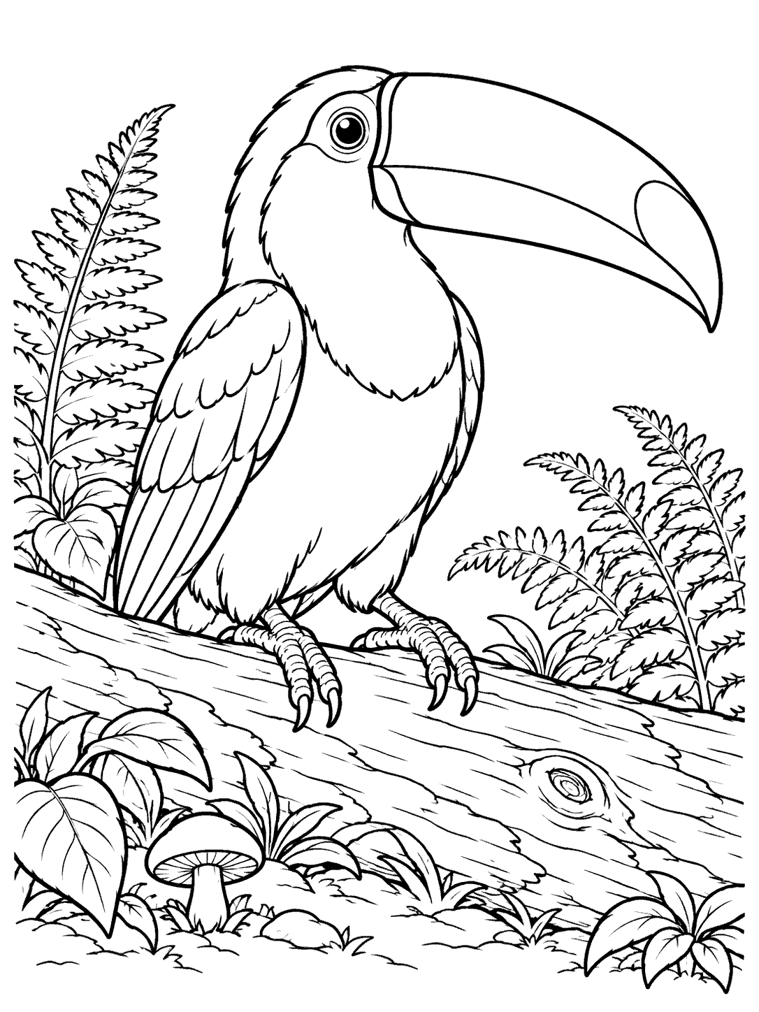 Black and white toucan coloring page with a large curved bill, perched on a fallen rainforest log among ferns and a mushroom.