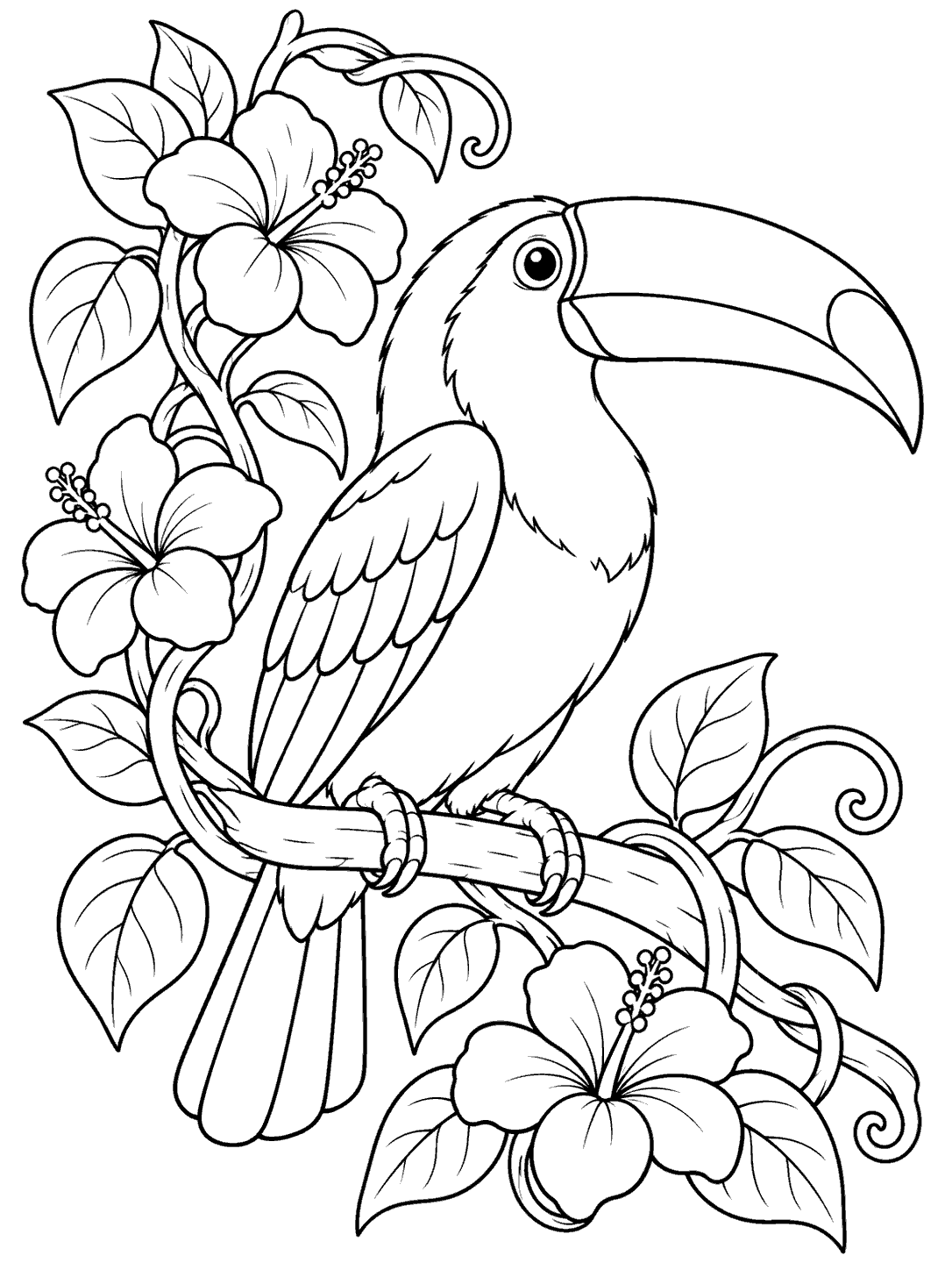 Black-and-white coloring page of a profile toucan perched on a branch beside a curling vine with large flowers and leaves.