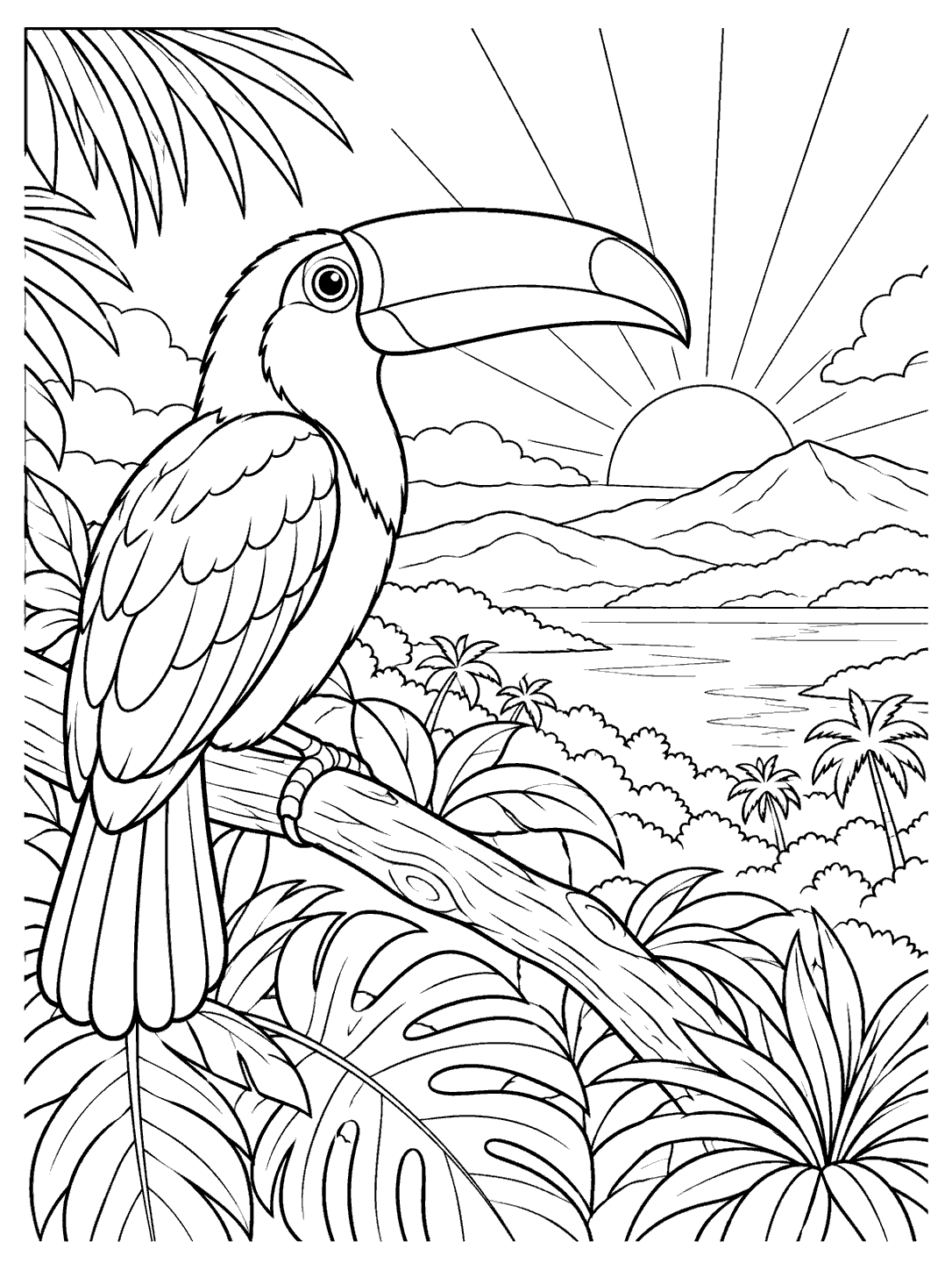 Open-outline toucan perched on a branch before a tropical sunrise, with layered hills, palms, clouds, and broad leaves.