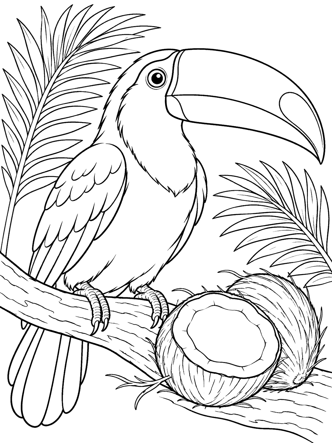 Black line art coloring page of a large-billed toucan perched on a branch beside a split coconut, with two palm leaves.