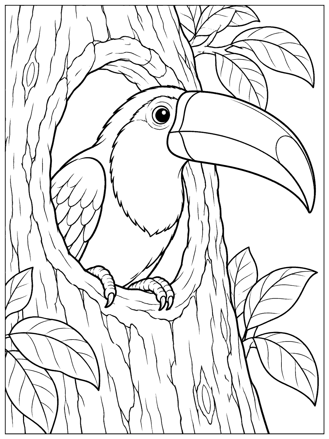Toucan peeking from a tree hollow coloring page