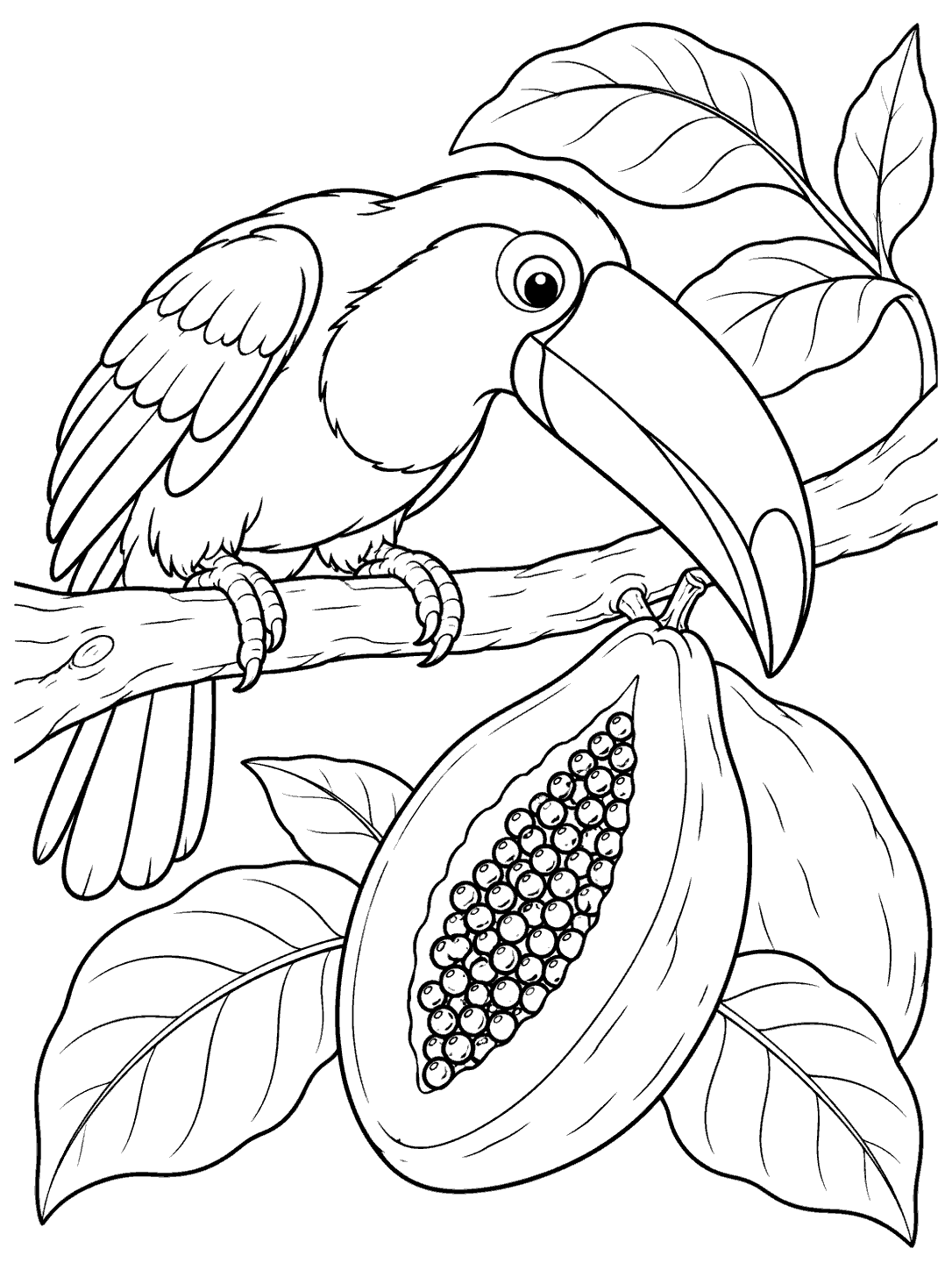 Black and white coloring page showing a toucan reaching toward a cut-open papaya among broad leaves.