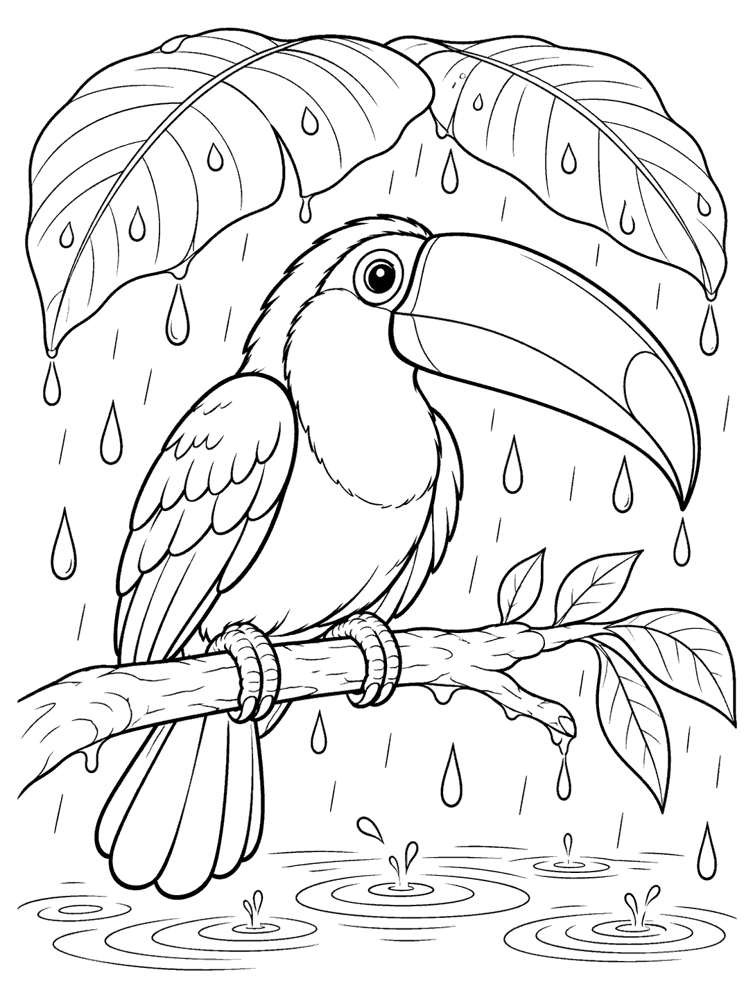 Toucan sheltering under leaves in tropical rain coloring page