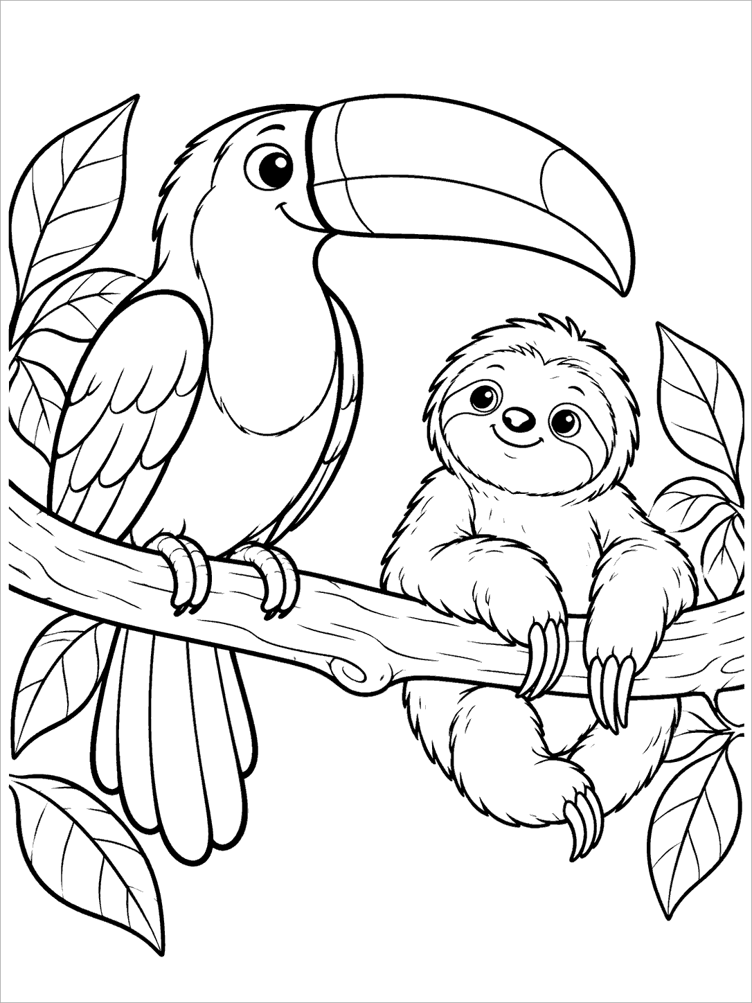 Toucan and sloth sharing a rainforest branch coloring page